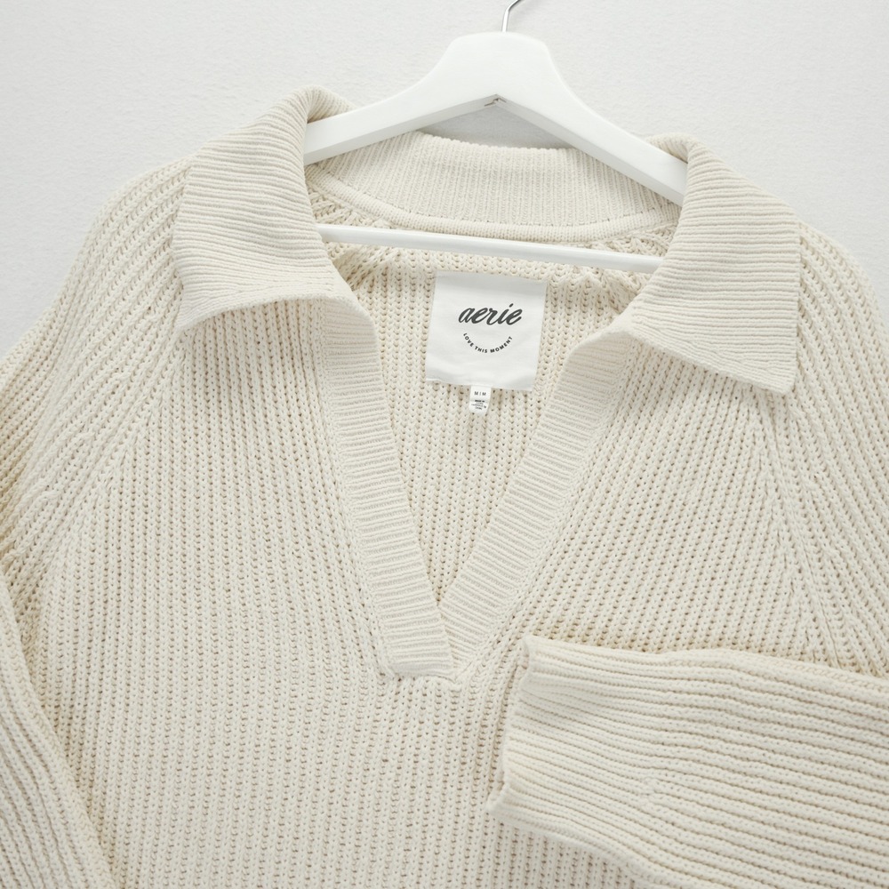 Aerie Sugar Rush‎ Chenille Cream Ribbed Oversized Polo V-Neck Sweater Women M